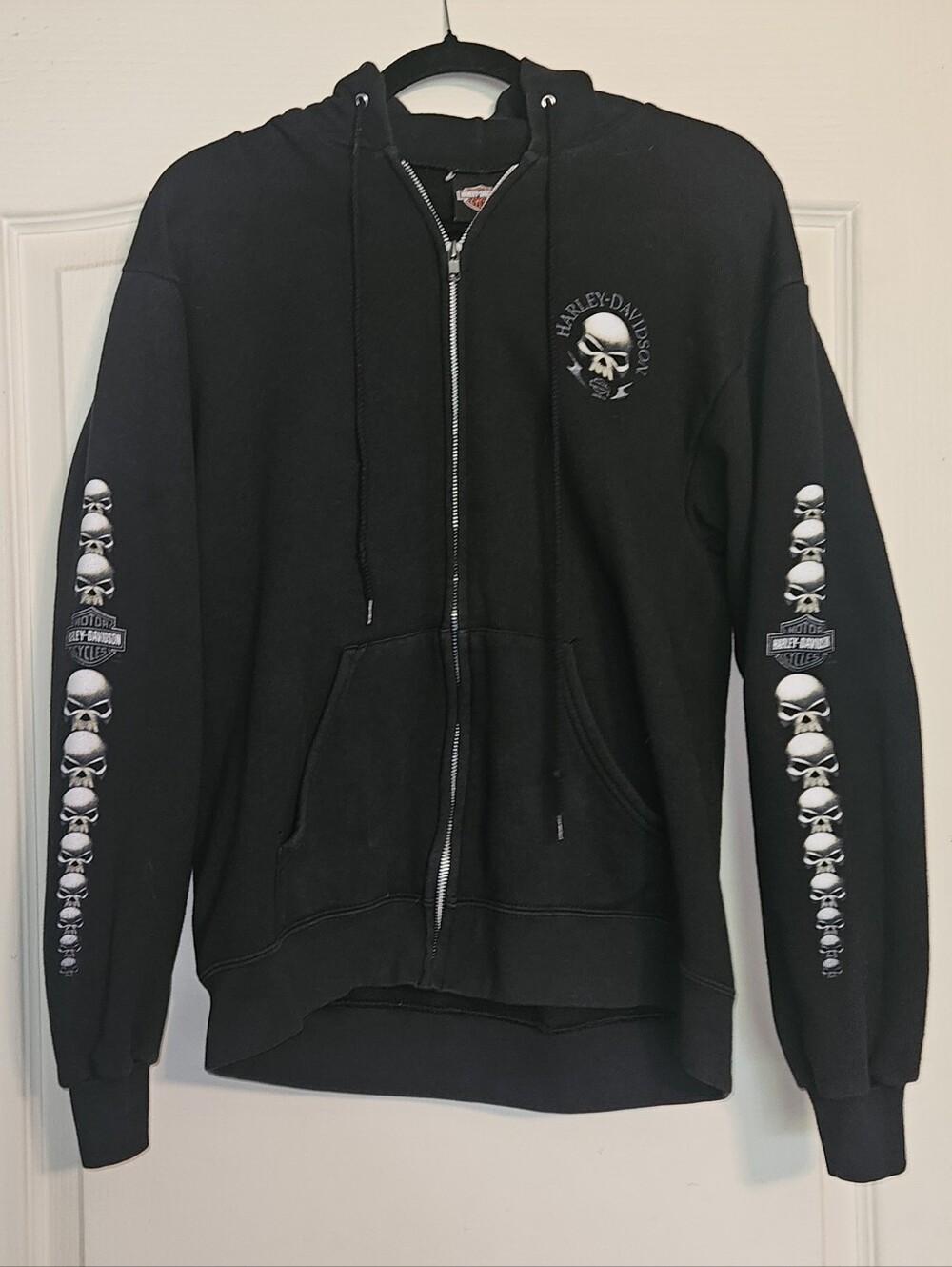 Vintage 90's Harley-Davidson Black and White Skull Zip Hoodie - Boulder Colorado